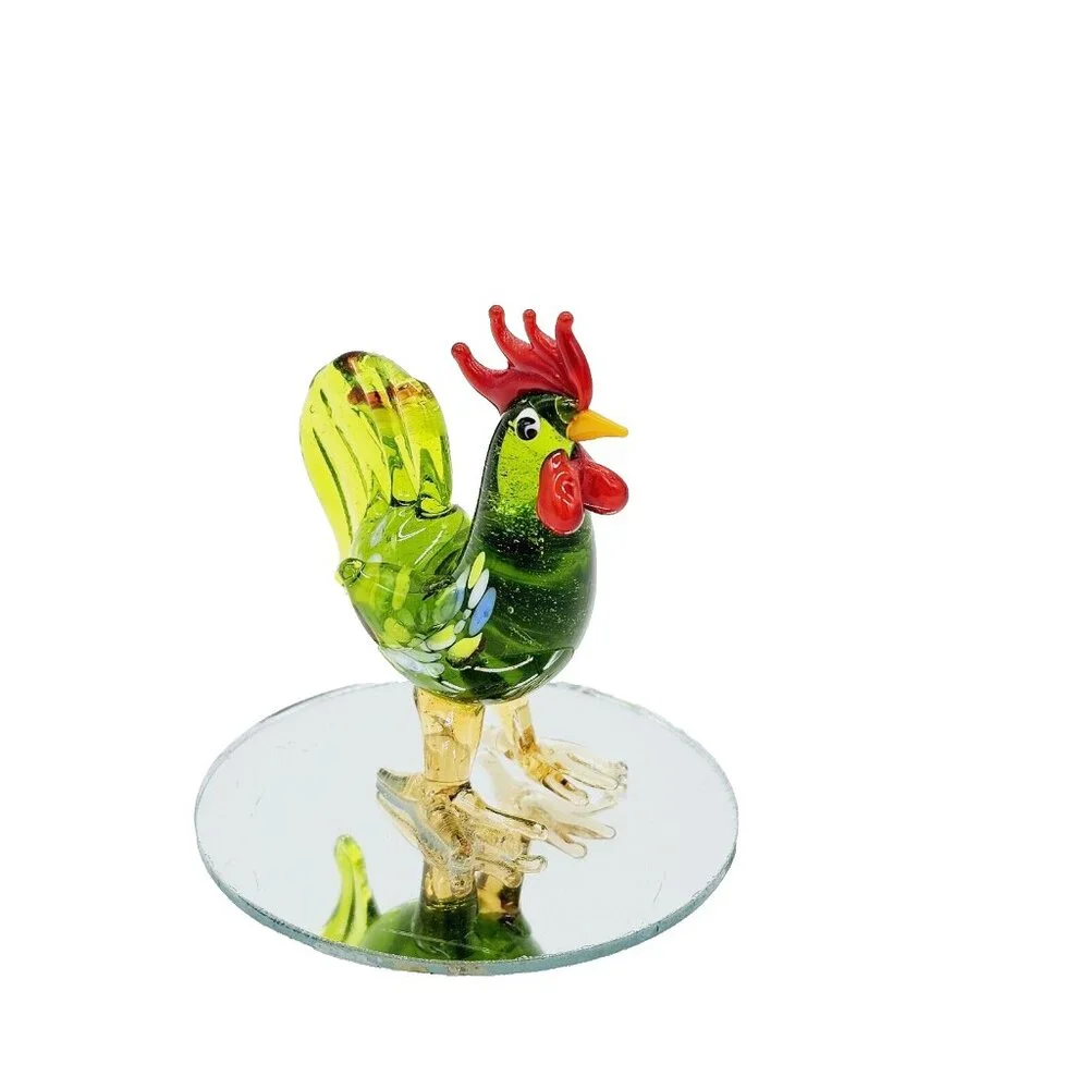 Vintage Hand Blown Art Glass Green Pulled Feather Rooster Chicken Figurine Farm